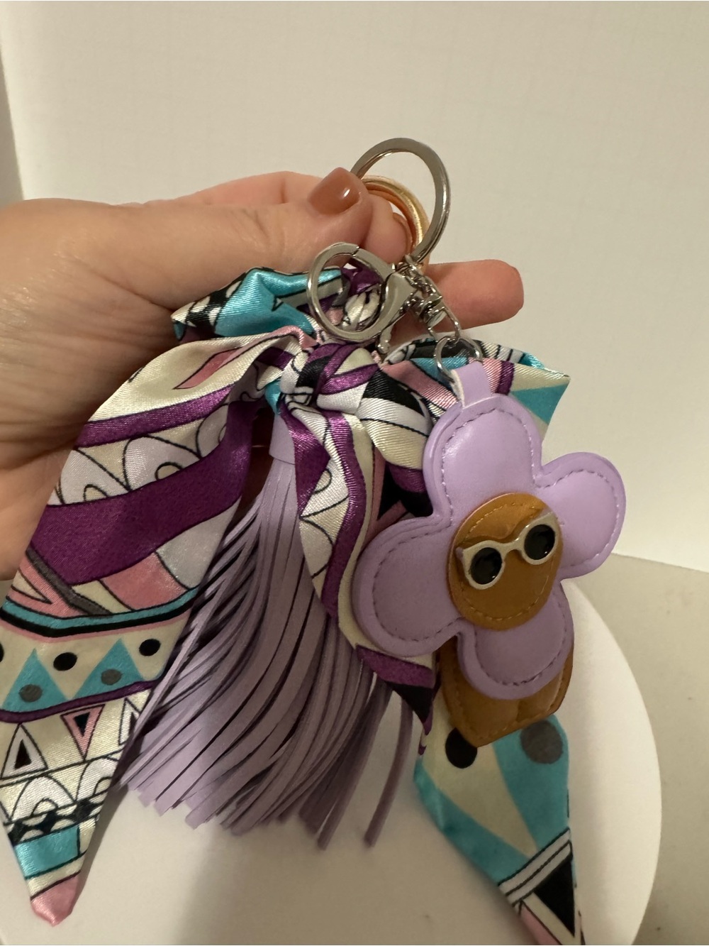 Purple Floral Charm Keychain with Scarf Accent